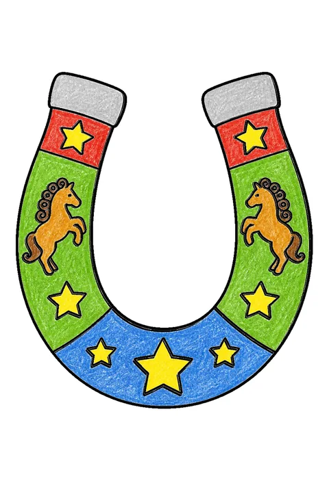Completed crayon-colored example of the Unicorn horseshoe pattern coloring page