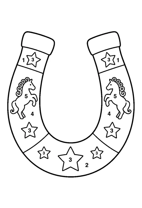 Unicorn horseshoe pattern coloring page with numbered areas and a color key for color by number