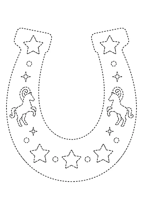 Tracing outline of a repeating row of horseshoes and small stars drawn in dashed lines.