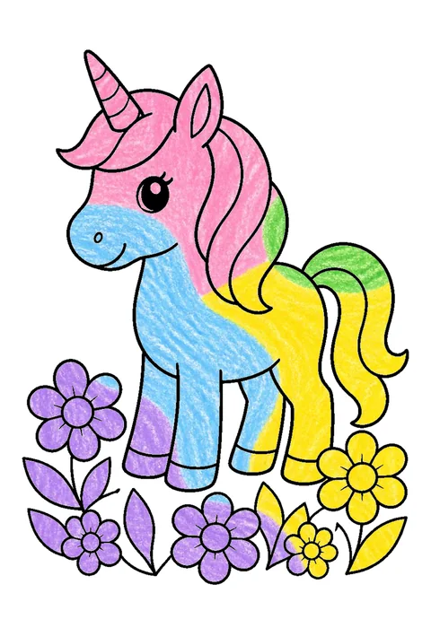 Completed crayon-colored example of the Unicorn in a flower field coloring page