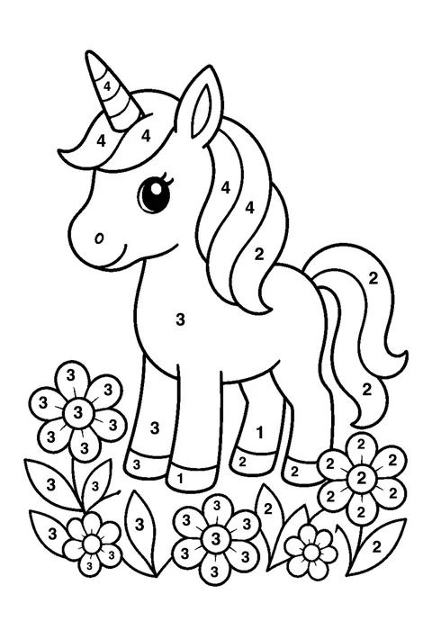 Unicorn in a flower field coloring page with numbered areas and a color key for color by number