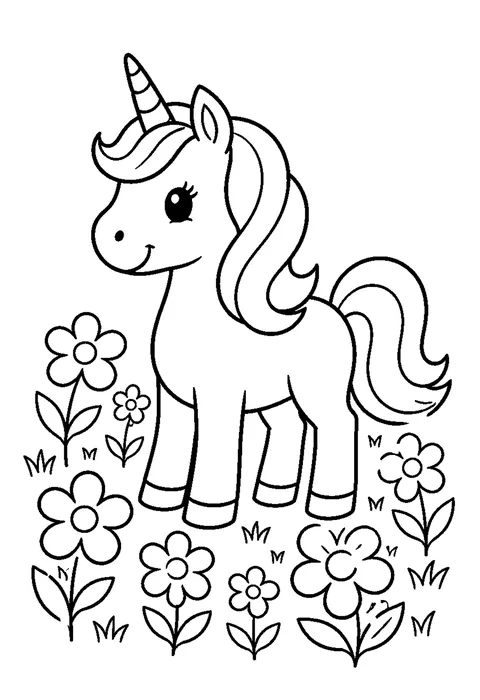 Line drawing of a unicorn walking through a field of simple round flowers reaching its knees.