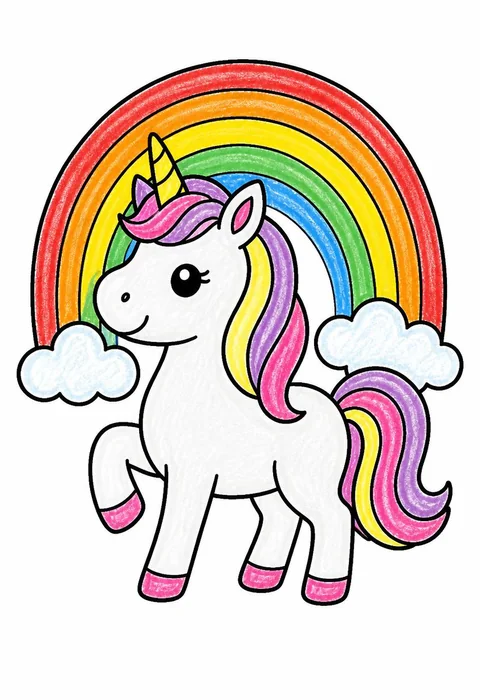 Completed crayon-colored example of the Unicorn with a rainbow coloring page
