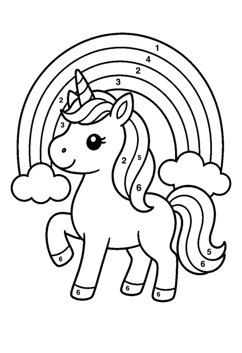 Unicorn with a rainbow coloring page with numbered areas and a color key for color by number