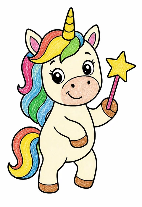 Completed crayon-colored example of the Unicorn with a star wand coloring page