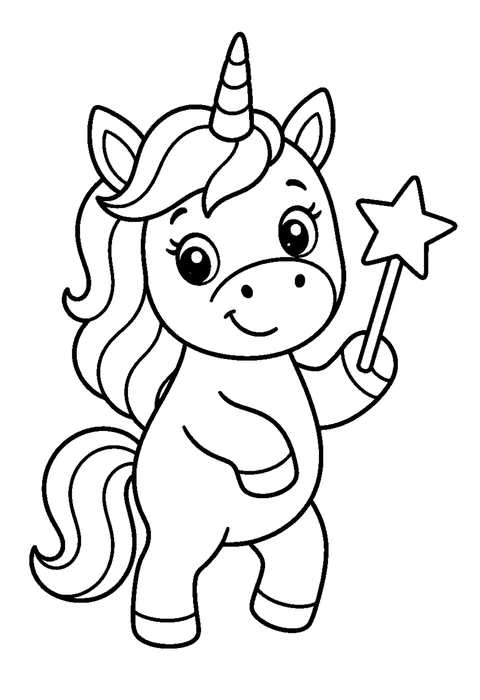 Line drawing of a unicorn holding a star-tipped wand with small stars trailing through the air behind it.