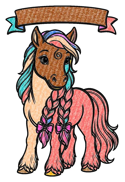 Completed crayon-colored example of the Unicorn with braided mane coloring page
