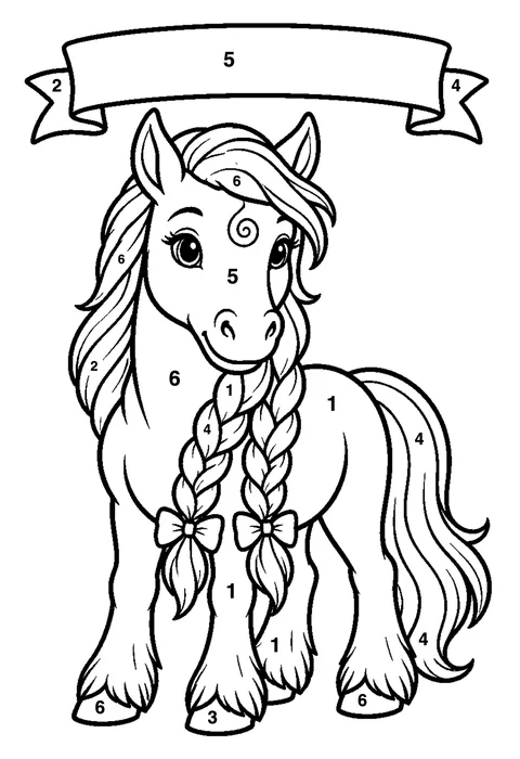 Unicorn with braided mane coloring page with numbered areas and a color key for color by number