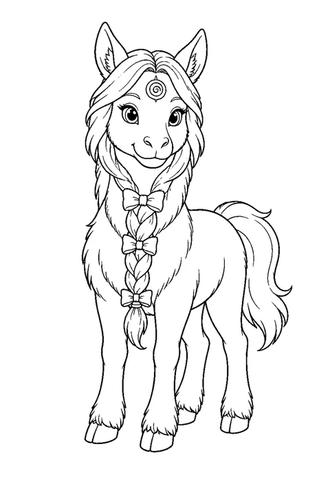 Detailed outline drawing of a unicorn in profile with its mane worked into a long braid, each section drawn separately.