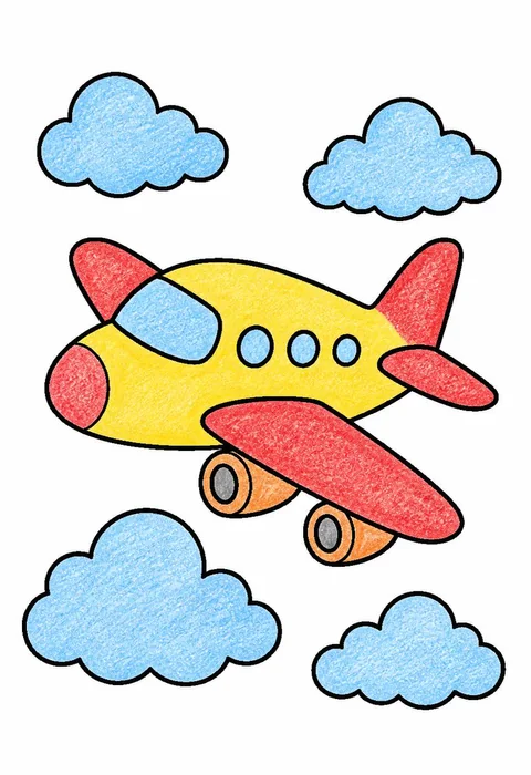 Completed crayon-colored example of the Airplane in the clouds coloring page