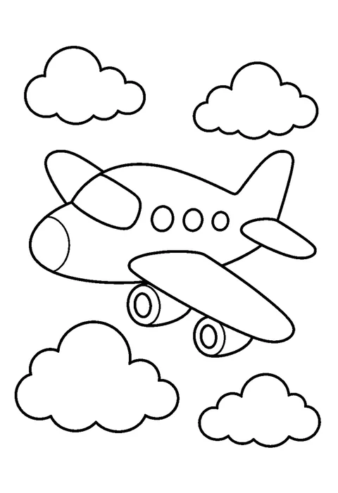 Line drawing of a propeller airplane banking between two round clouds, windows along its side.