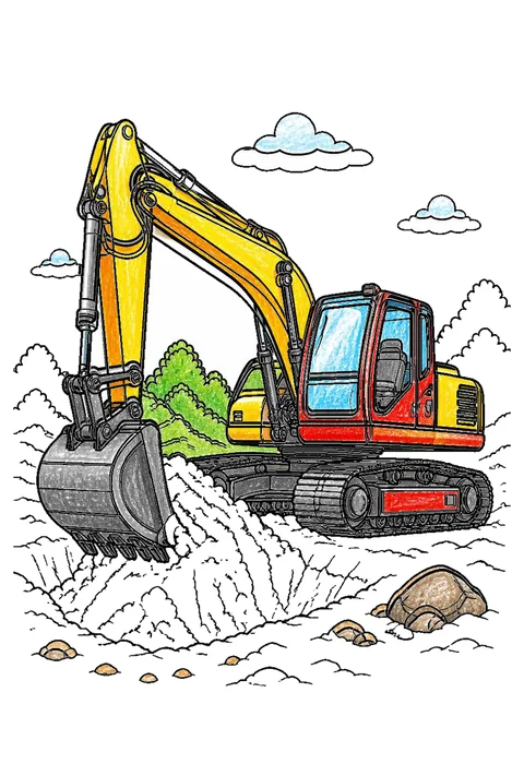 Completed crayon-colored example of the Excavator digging coloring page