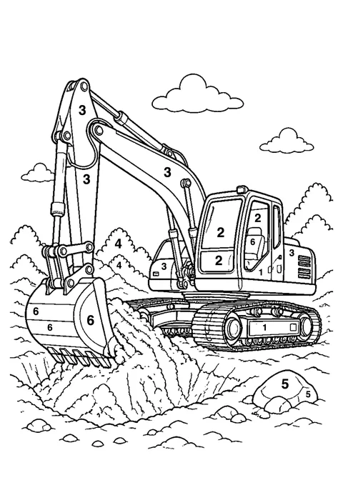Excavator digging coloring page with numbered areas and a color key for color by number
