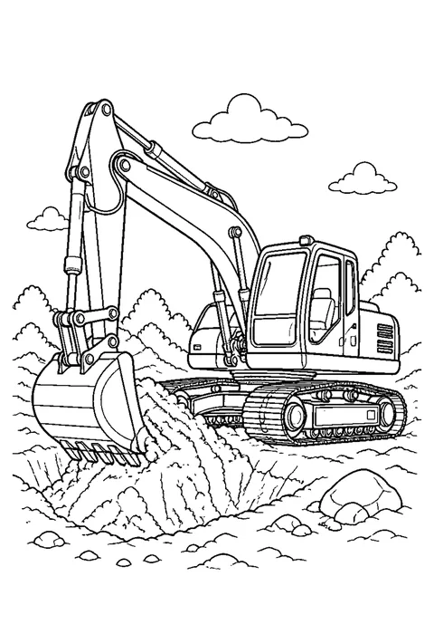 Detailed outline drawing of a tracked excavator with its arm lowered and a full bucket, tracks drawn link by link.