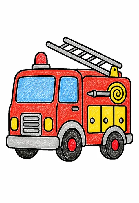 Completed crayon-colored example of the Fire truck coloring page