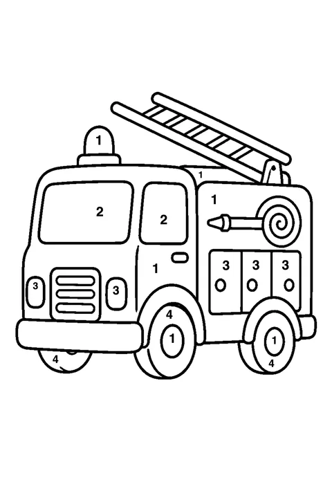 Fire truck coloring page with numbered areas and a color key for color by number