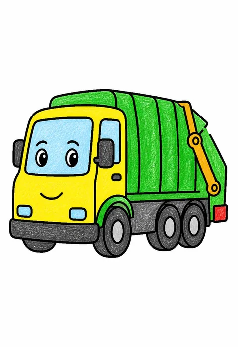Completed crayon-colored example of the Garbage truck coloring page