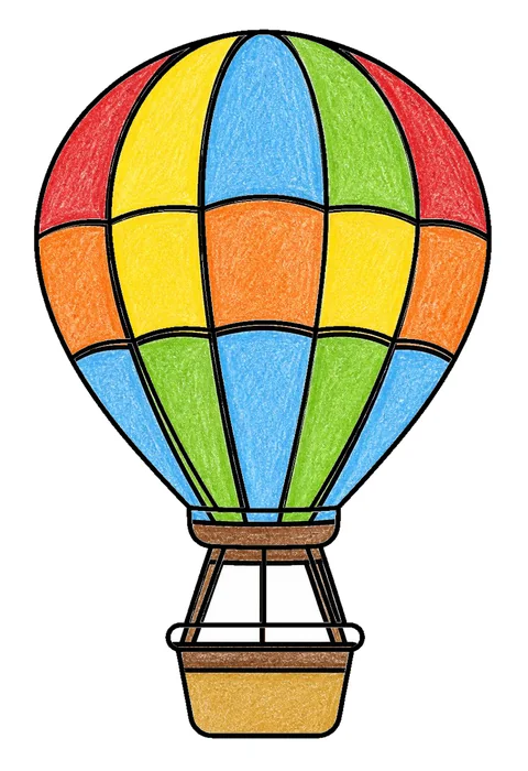 Completed crayon-colored example of the Hot-air balloon coloring page