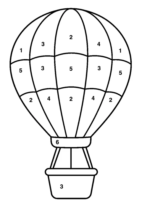 Hot-air balloon coloring page with numbered areas and a color key for color by number