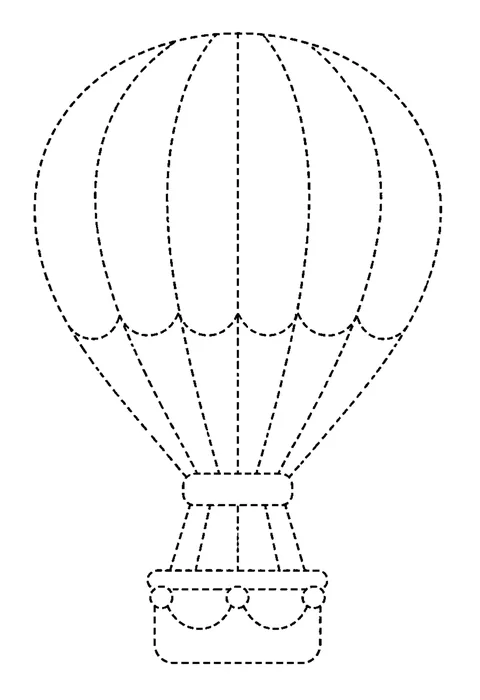 Tracing outline of a hot-air balloon with vertical panels and a wicker basket, drawn in dashed lines.