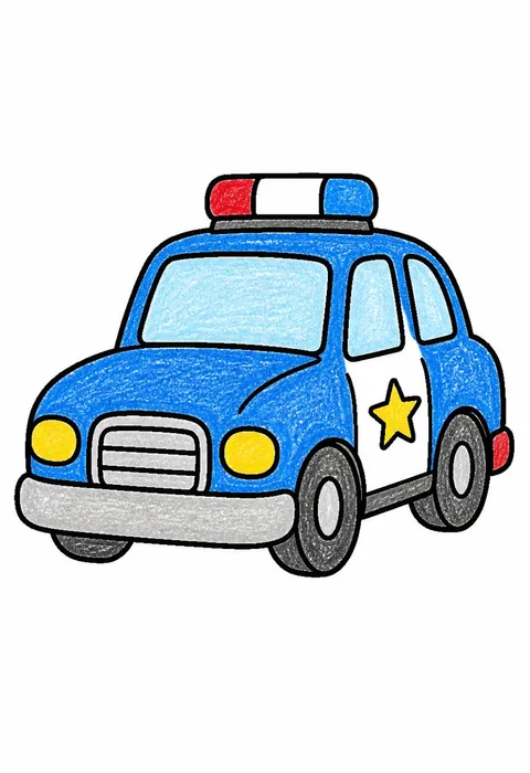 Completed crayon-colored example of the Police car coloring page