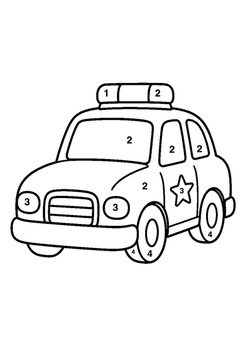 Police car coloring page with numbered areas and a color key for color by number