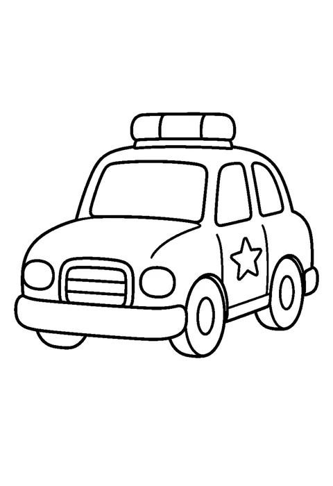 Line drawing of a police car from the side with a roof light bar, a door badge and a stripe along the body.