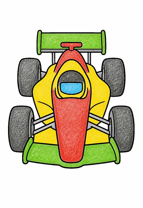Completed crayon-colored example of the Race car coloring page