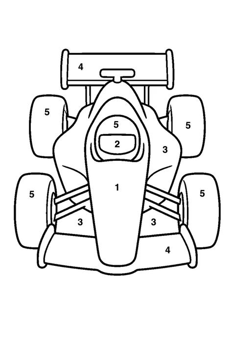 Race car coloring page with numbered areas and a color key for color by number