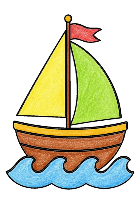 Completed crayon-colored example of the Sailboat on waves coloring page