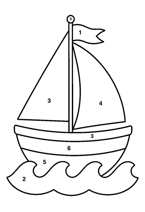 Sailboat on waves coloring page with numbered areas and a color key for color by number
