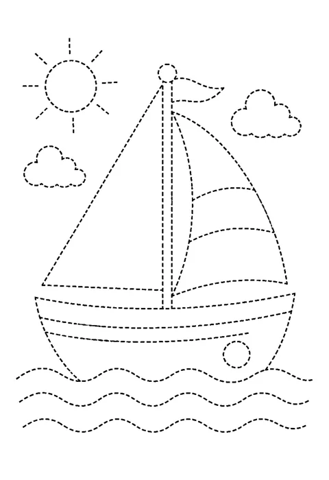 Tracing outline of a small sailboat with triangular sails on rolling waves, drawn in dashed lines.