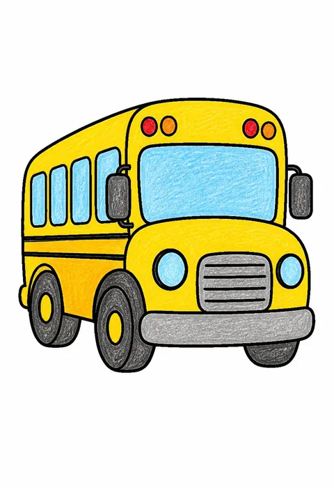 Completed crayon-colored example of the School bus coloring page