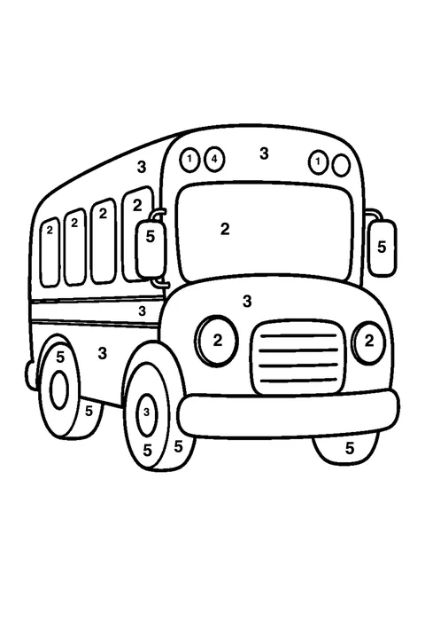 School bus coloring page with numbered areas and a color key for color by number