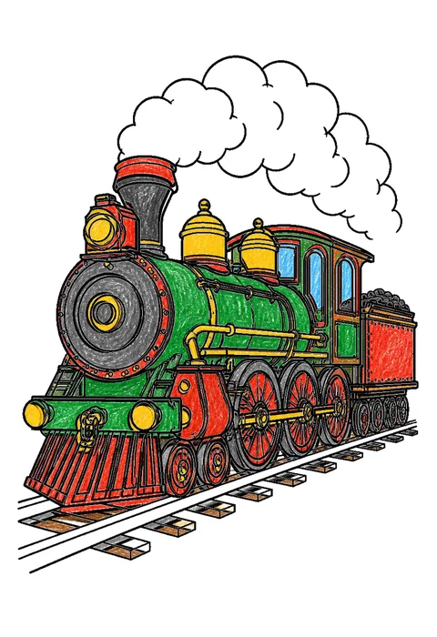 Completed crayon-colored example of the Steam train coloring page