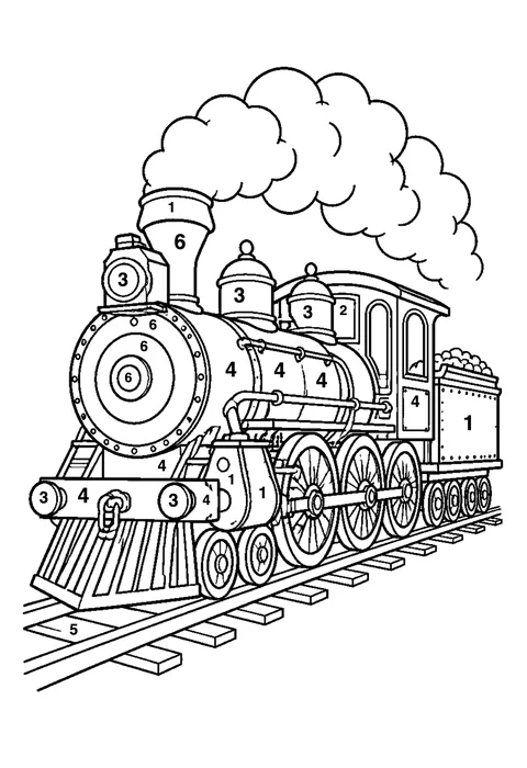 Steam train coloring page with numbered areas and a color key for color by number