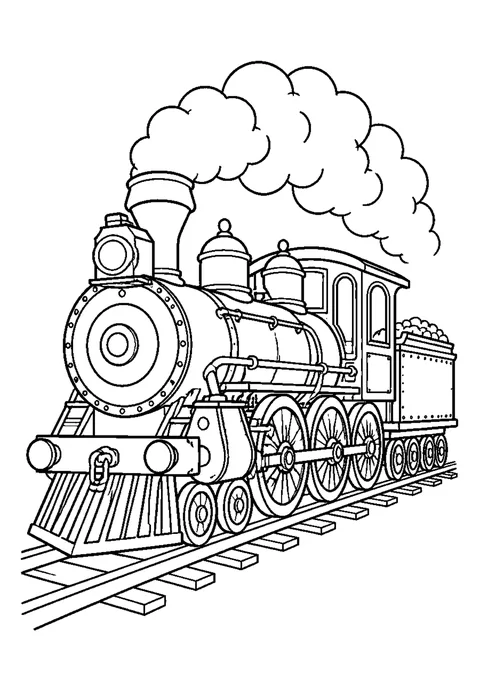 Detailed outline drawing of a steam locomotive with spoked wheels and a funnel, pulling one carriage.