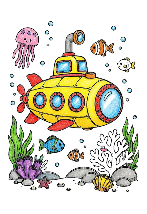 Completed crayon-colored example of the Submarine underwater coloring page