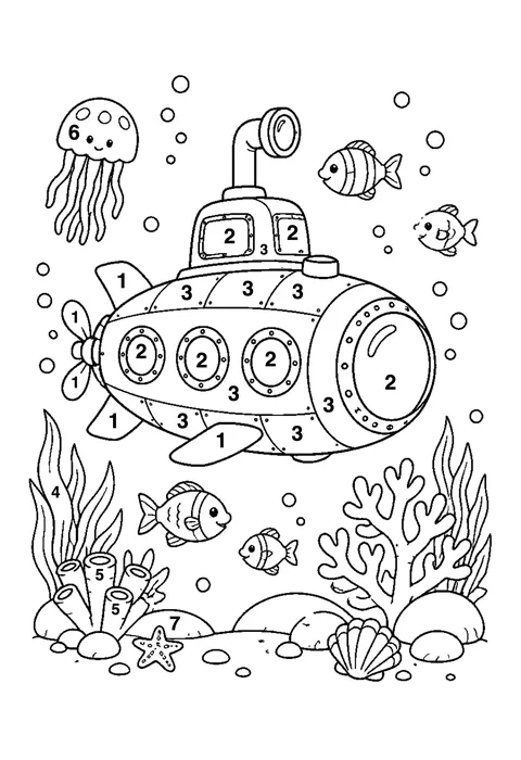 Submarine underwater coloring page with numbered areas and a color key for color by number