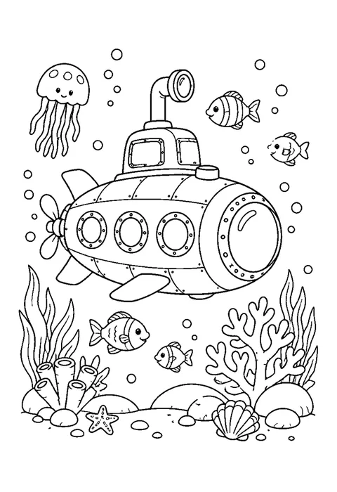 Detailed outline drawing of a submarine with a raised periscope, portholes and rivets, bubbles rising past.
