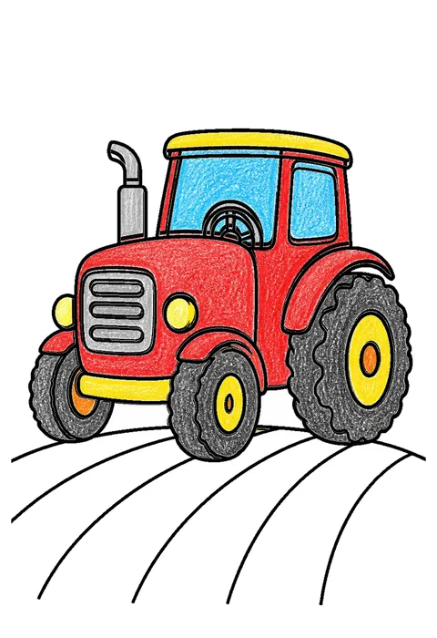 Completed crayon-colored example of the Tractor in the field coloring page