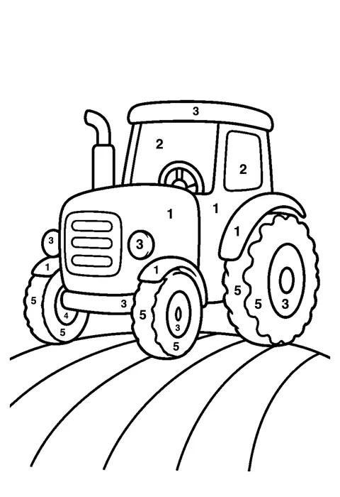 Tractor in the field coloring page with numbered areas and a color key for color by number
