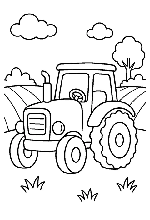 Line drawing of a tractor with one small front wheel and one large rear wheel driving through a field.