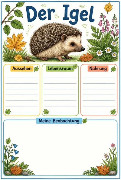 Illustrierter Igel-Steckbrief mit Blättern, drei linierten Sachfeldern und einem großen freien Beobachtungsfeld.