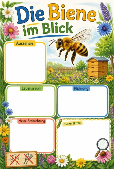 Die Biene im Blick mit Biene, Blüten und Gartenillustration sowie leeren Sachfeldern und Platz für eine Skizze.