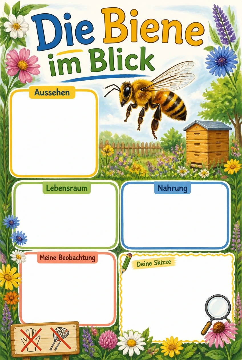 Die Biene im Blick mit Biene, Blüten und Gartenillustration sowie leeren Sachfeldern und Platz für eine Skizze.