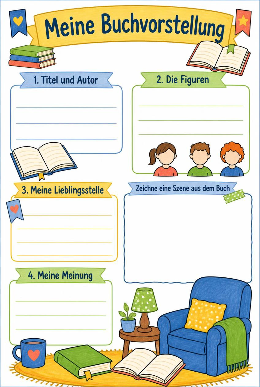 Meine Buchvorstellung mit offenen Büchern, Leseecke und leeren Feldern für Buchangaben, Figuren, Lieblingsstelle, Meinung und eine Szene.