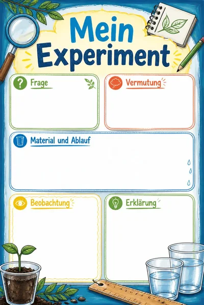 Mein Experiment mit Lupe, Keimling und Messgeräten sowie fünf leeren Protokollfeldern und einer Skizzenfläche.