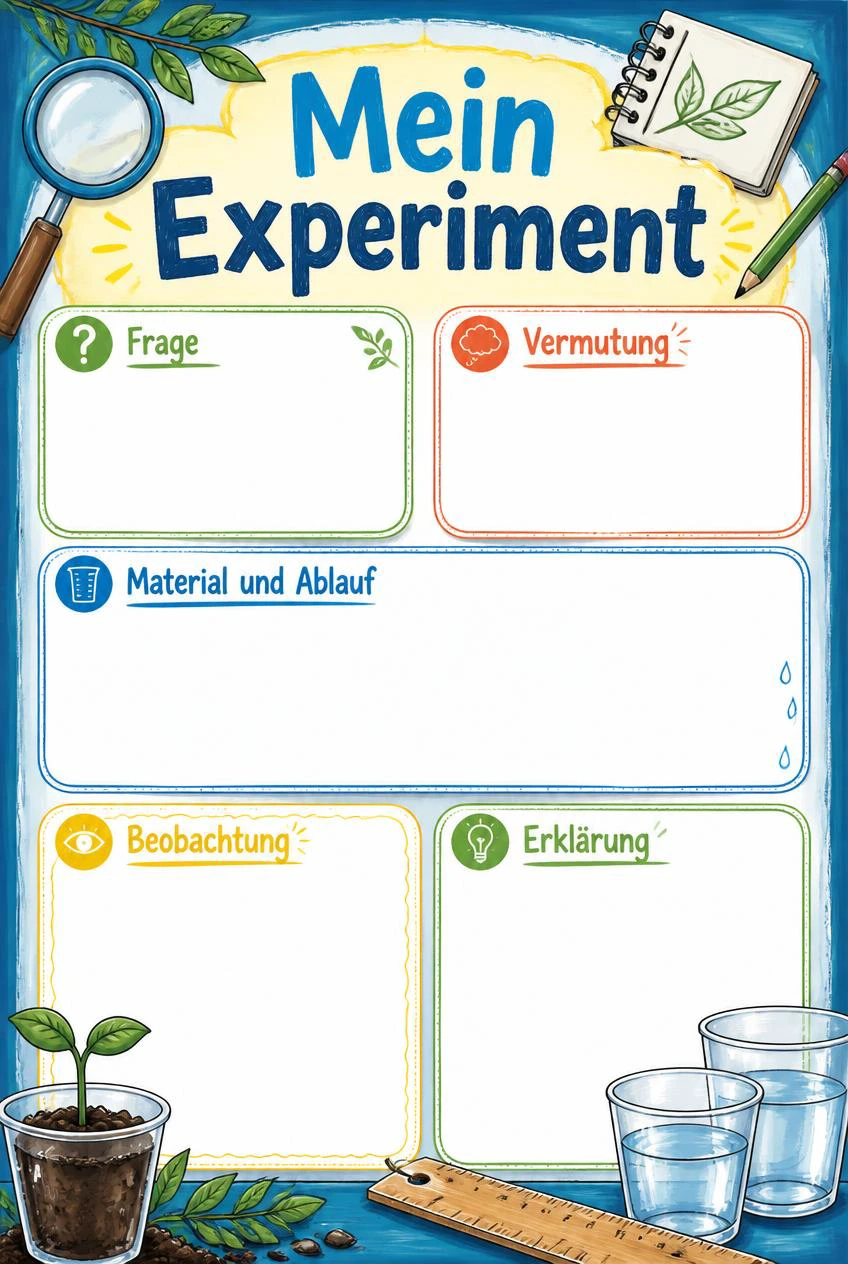 Mein Experiment mit Lupe, Keimling und Messgeräten sowie fünf leeren Protokollfeldern und einer Skizzenfläche.