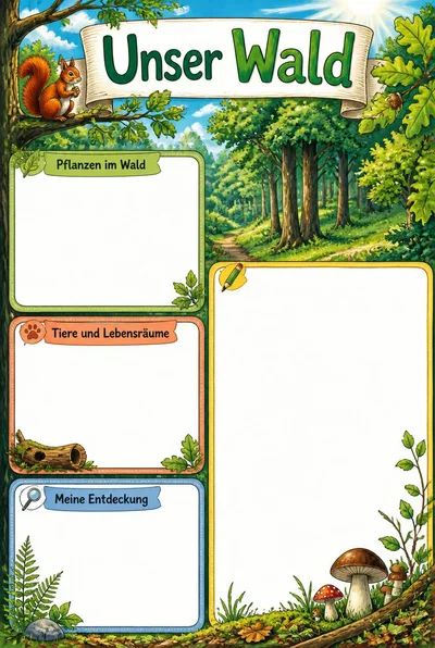 Unser Wald mit Mischwald, Blättern und Waldtieren rund um drei freie Schreibbereiche und eine Zeichenecke.